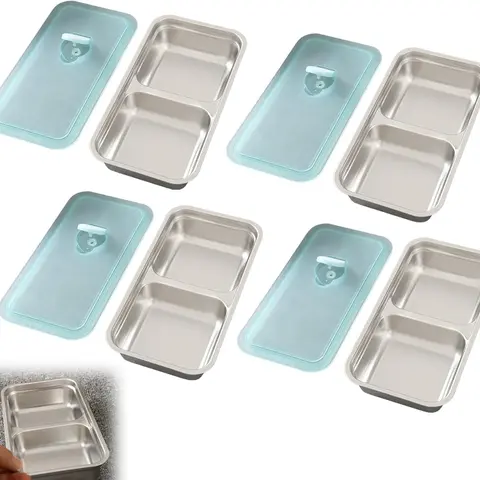 4-Pack Stainless Steel Double Compartment Kitchen Containers - Reusable, Dishwasher-Safe Utensils with Lids, Easy-to-Clean Compartmentalized Food Storage for Meal Prep, 4-pack for Trips