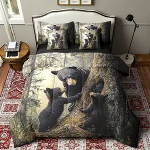 Cute Bears Bedding Set,Cartoon Jungle Bear Bed in a Bag Country Rustic Wildlife Comforter Set,7 Pieces for Kids Boys Teens Black Beige Bed Set with Comforter,Sheet Set,Pillow Covers