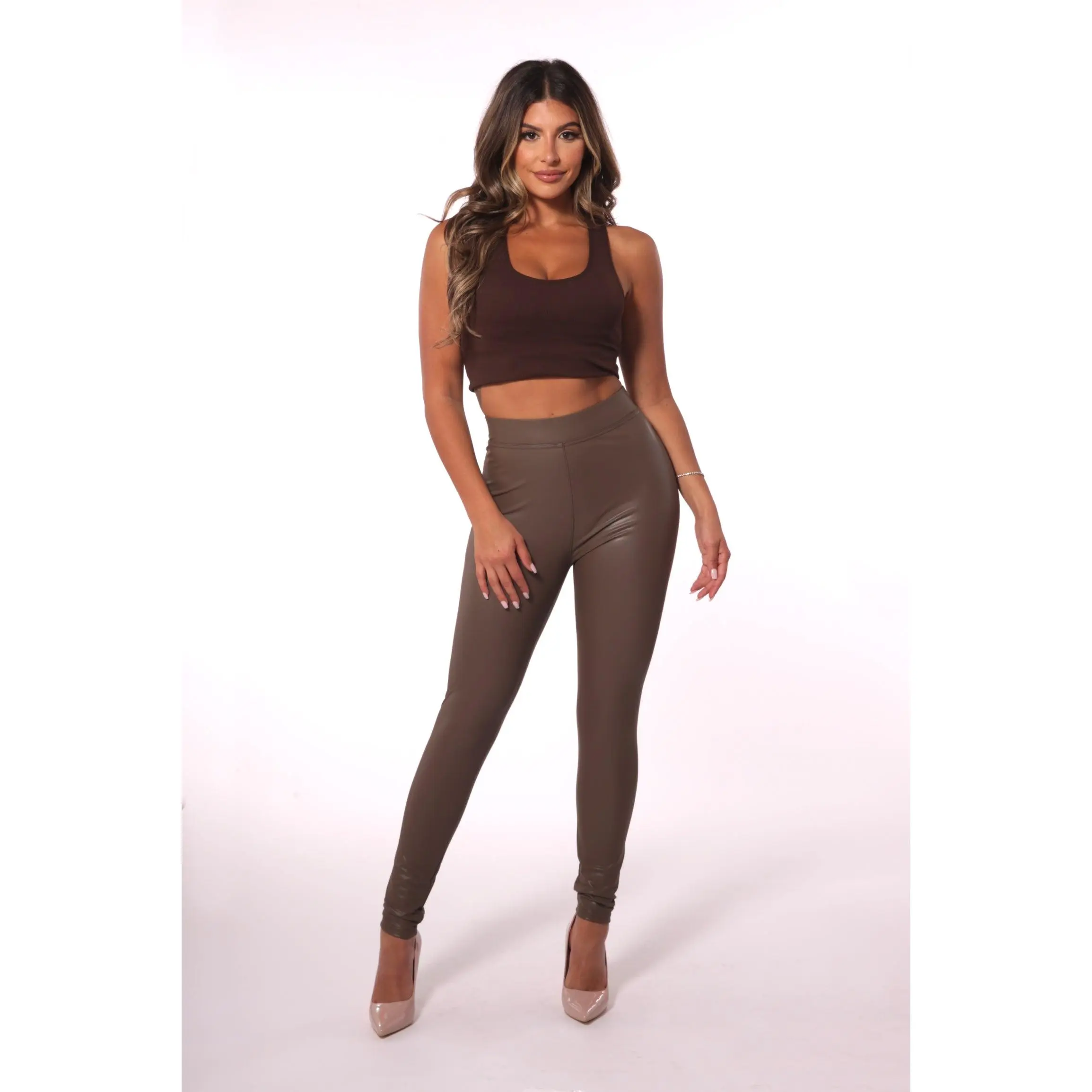 High Waist PU Faux Leather Leggings - Taupe