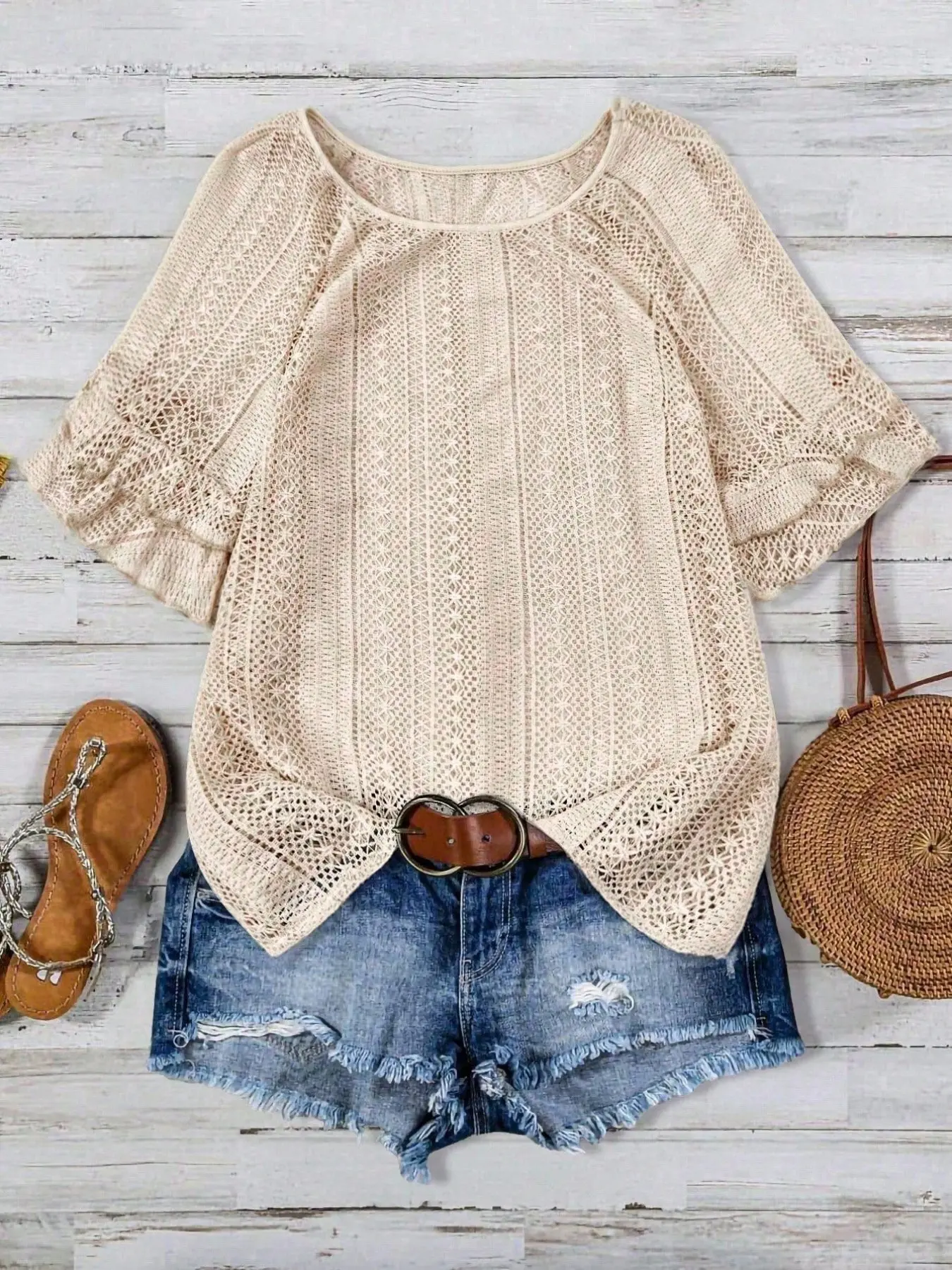 Women's Plus Size Crochet Top Round Neck Butterfly Short Sleeve Blouse Hollow Out See Through Breathable Shirts Lace Flowy Boho Bohemian Style Casual Summer Beach Vacation Outfits Cover Up Spring Womenswear Lightweight