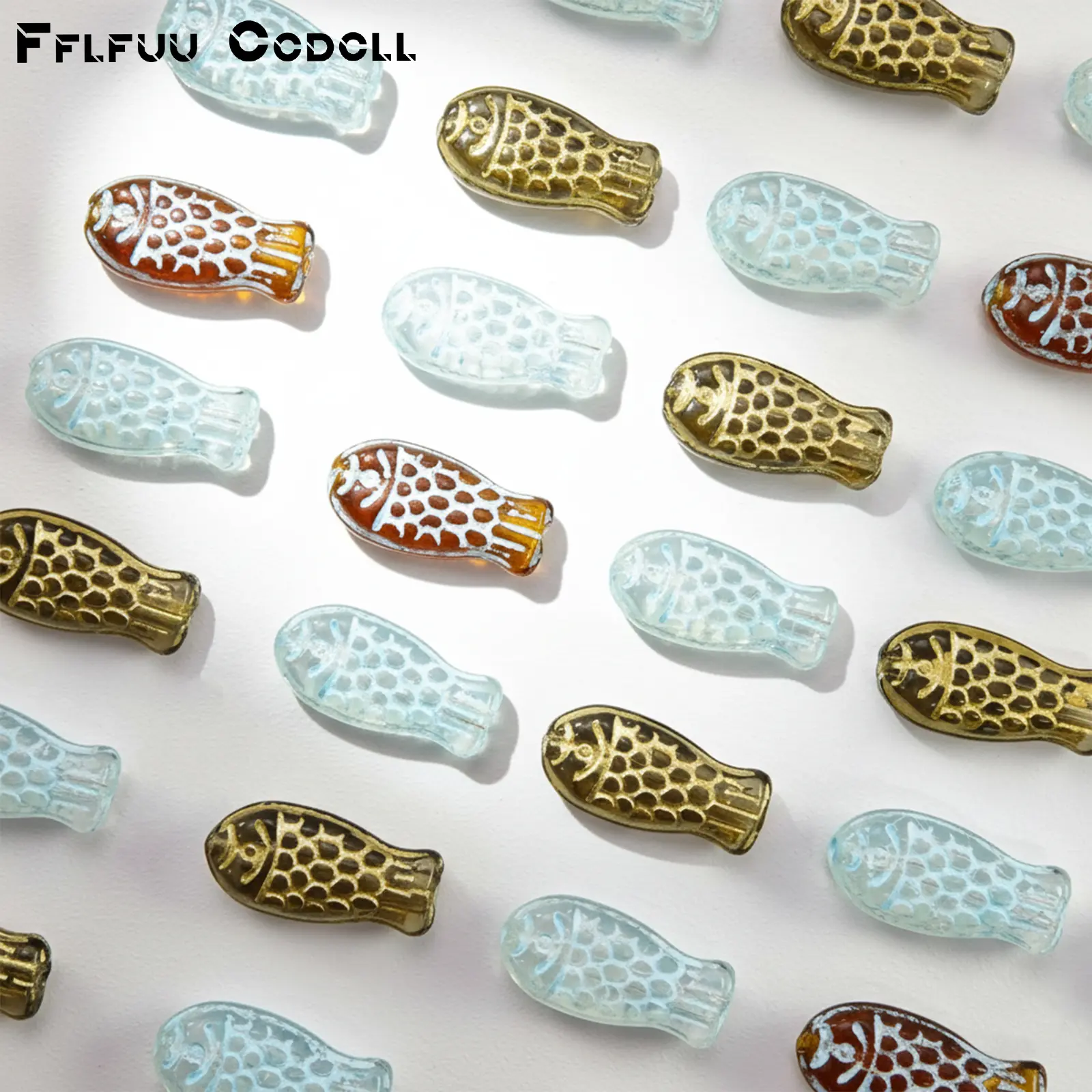 6Pcs Multi Color Vintage Gold Outline Fish Shaped Glass Spacer Beads, Transparent Retro Carved Scale Loose Beads for DIY Pen Wraps Bracelet Bag Pendant Handmade Jewelry Craft Making Supplies