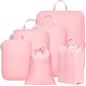 Compression Packing Cubes for Suitcases, 6 Set Travel Bags Luggage Organizers Travel Compression Cubes with Shoe & Laundry Bag for Carry on Suitcases