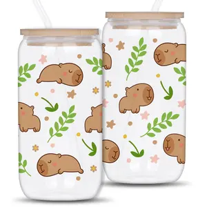 Lovely Capybara Pattern, 16oz/500ML Glass Cup with Bamboo Lid & Glass Straw, Gift Mason Cup, Glass Tumbler, Capybara Themed Gifts, Funny Glass Cup, Drinkware