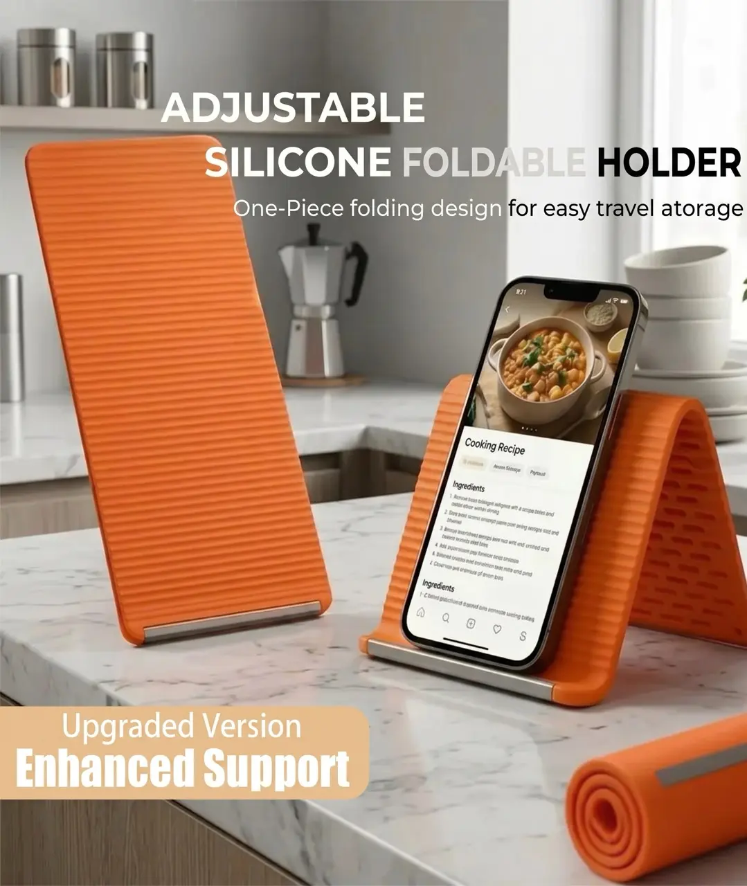 Portable Foldable Silicone Phone Holder, Bendable Freely into Any Shape, Multi-Angle Adjustable Stand for Mobile Phone, Tablet, Laptop, Anti-Slip Desktop Mount, Universal Fit, Home Office Travel Use, Orange Black
