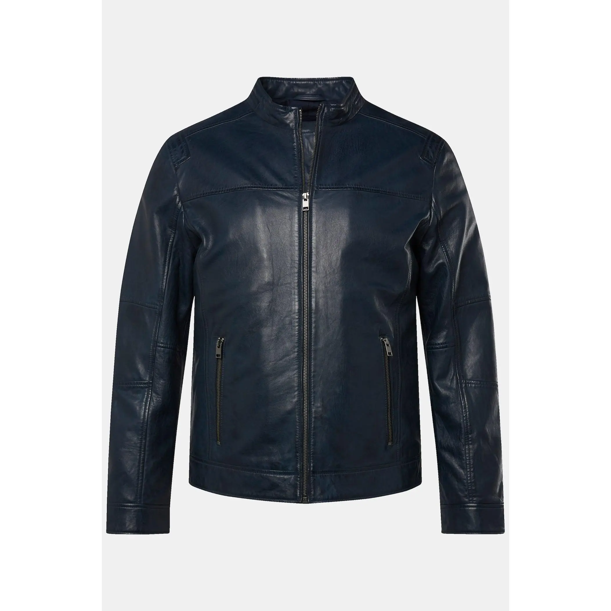 Men's Lamb Nappa Leather Jacket – Real Leather Distressed Navy Stand Collar Jacket (L–7XL)