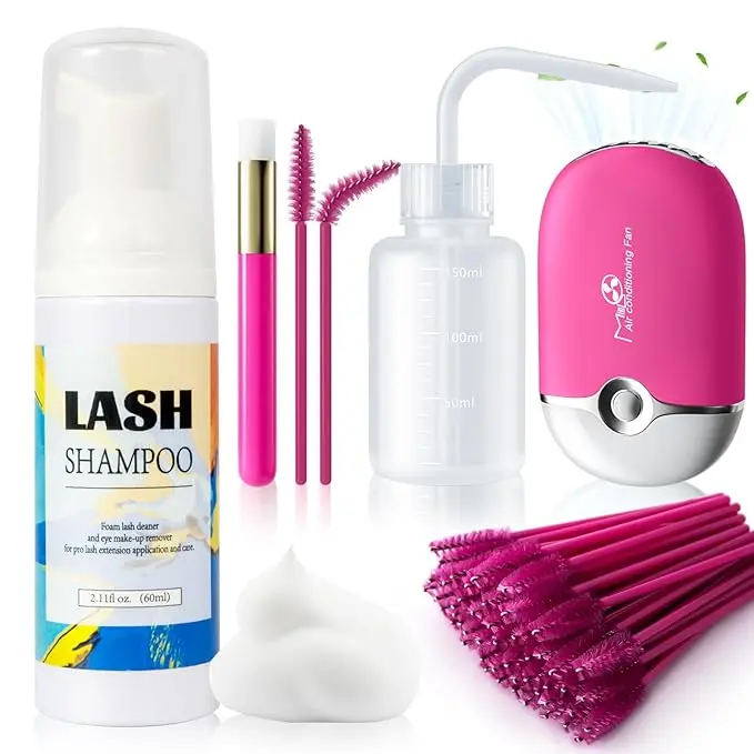 Lash Shampoo for Lash Extensions, Eyelid Cleansing Foams with USB Mini Lash Fan, Bottle Mascara Brush Cleaning Brush Lash Cleaning Kit, Makeup Remover