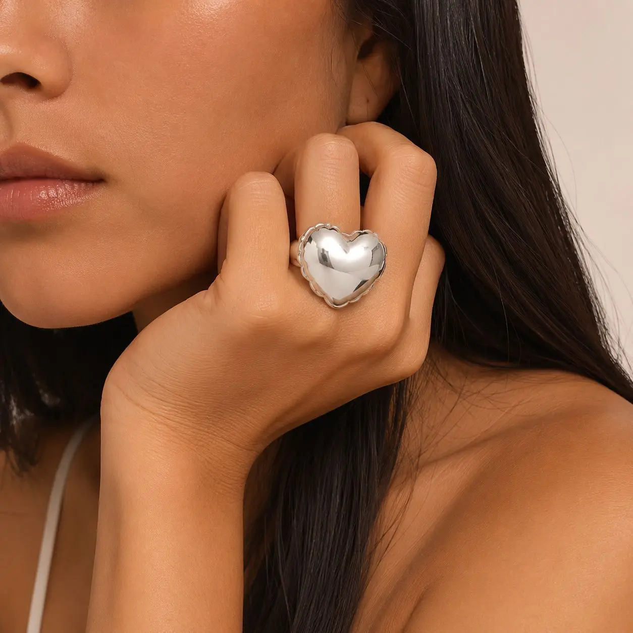 Silver opening and closing photo box ring, exaggerated large heart balloon ring, Y2K decorative ring accessory
