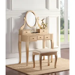 Ashley Gold Wood Makeup Vanity Table and Stool Set