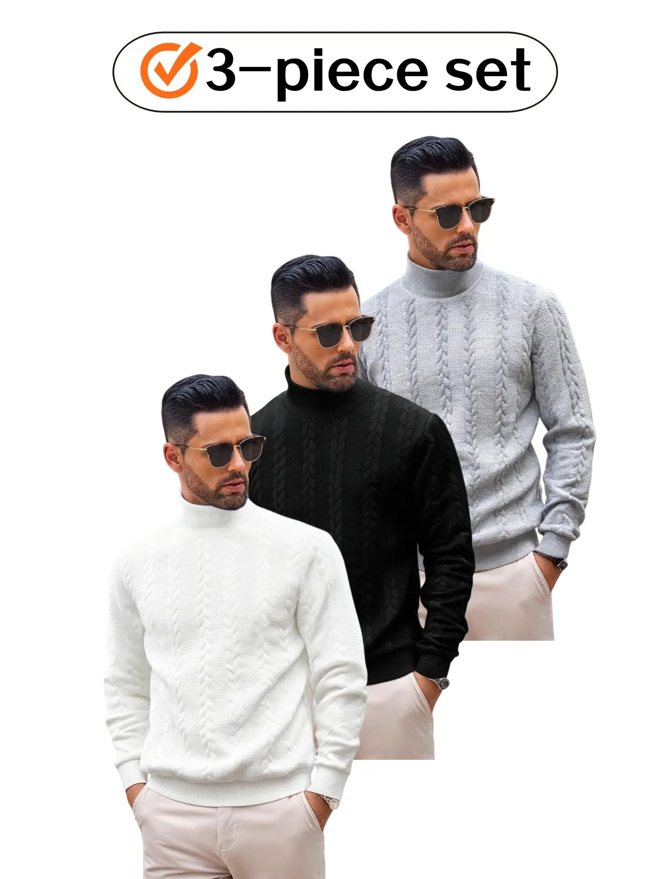 Men's 3-piece high-neck knitted sweater set Knitwear - Classic warm long-sleeved pullover hoodie, timeless knitted design, suitable for daily wear in autumn and winter, business casual and casual occasions Knit Pullover Tops