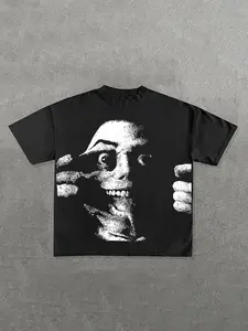 1 Men's Black Edgy Graphic Tee, Distorted Face & Hand Print, Oversized Fit, Ideal for Casual Daily & Urban Street Outfits, Streetwear, Top