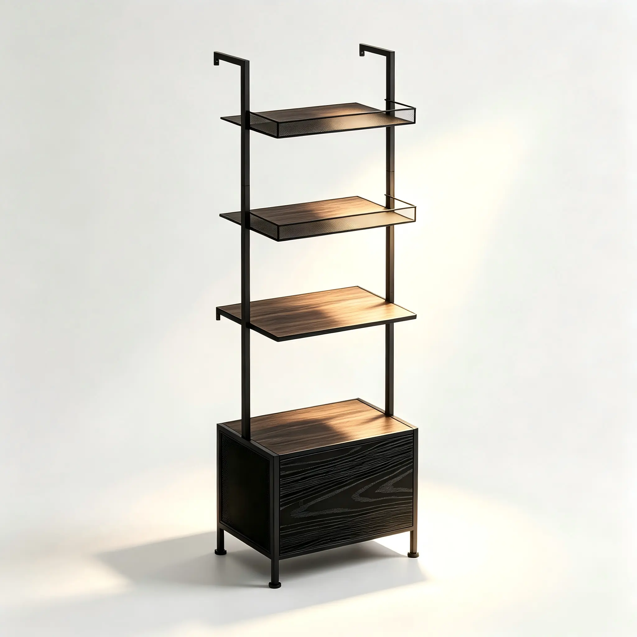 Industrial 4-Tier Narrow Metal-Wood Freestanding Ladder Rack Organiser with Cabinet, Mesh Guards, Adjustable Legs, Waterproof Open Display Shelf for Kitchen, Living Room Decor & Plant Storage