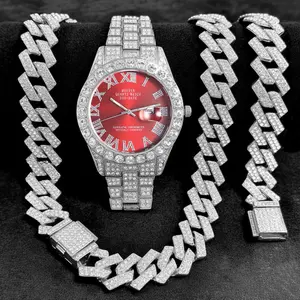 Versatile European/American hip-hop punk 16-piece set featuring rhinestone-embellished watches, diamond-cut Cuban link bracelets, and necklaces; available in multiple styles and designs.