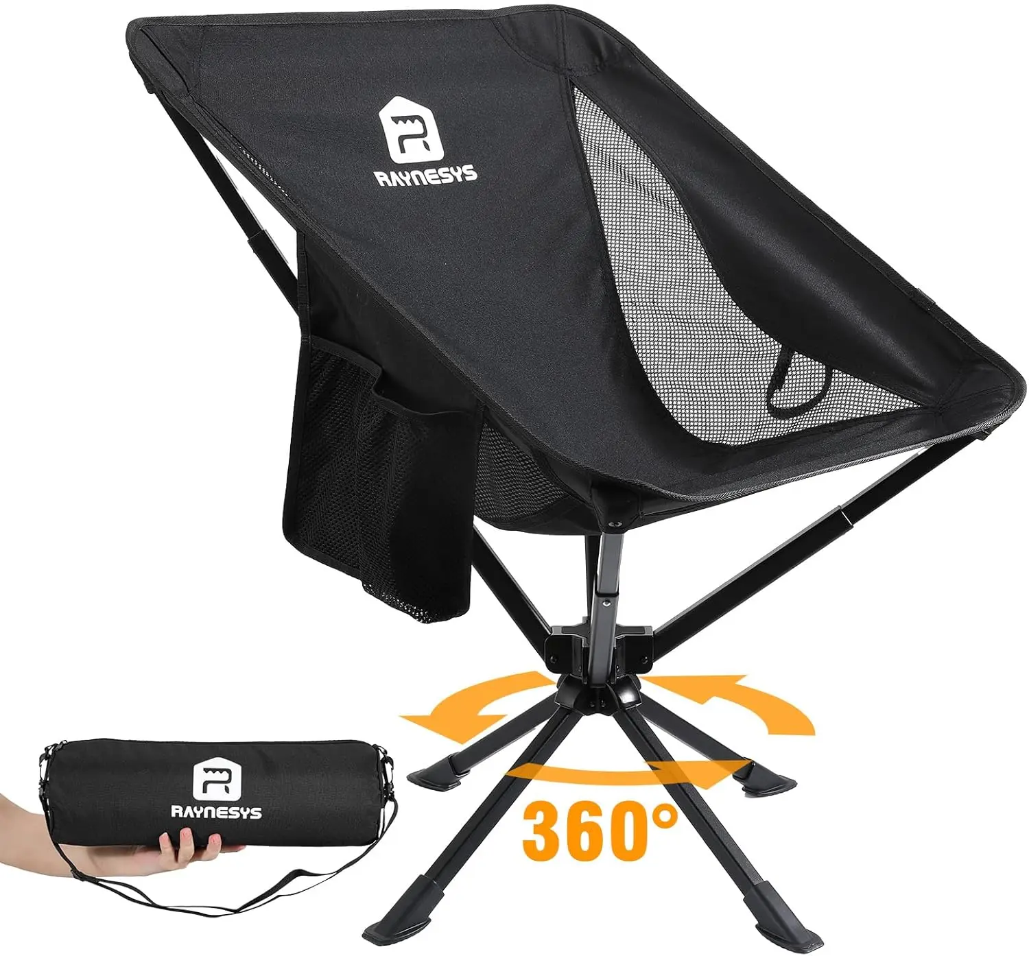 Portable Camping Chair, 360° Swivel Lawn Chair, 8 Seconds Quick Setup Folding Chair, 3.8Lb Lightweight Camping Chair for Easy Carry to Hiking, Camping, Sport, Travel, Beach, 1 Pack, Black
