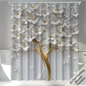 2D Flat Printing Artistic Shower Curtains, White Floral & Gold Tree Bathroom Curtains, Modern Aesthetic Bathroom Decor, Bathroom Decoration Accessories, Premium Waterproof Fabric, 71x71 inch