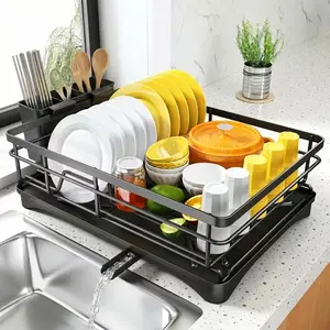 Large Capacity Single Layer Dish Drying Rack with Auto Drain System, Kitchen Counter Organizer with Cup and Utensil Holder Black stainless cocina cutlery