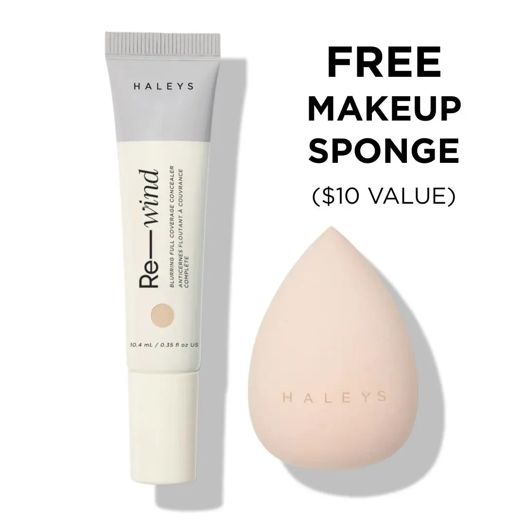 HALEYS Beauty Re-wind Blurring Full Coverage Concealer & Makeup Sponge - Brightens, Reduces Redness Dark Circles Fine Lines, Non-Caking Longwear Nourishes Lightweight Soft-Matte Finish, Vegan Cruelty-Free All Skin Types