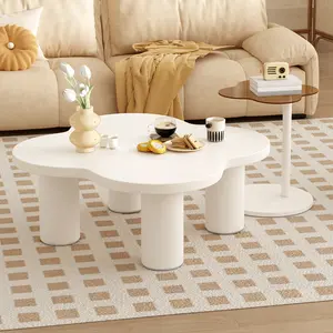 Modern Coffee Table Set of 2, Irregular Shape Coffee Table with Four Roman Column Legs and End Table with Glass Top for Living Room