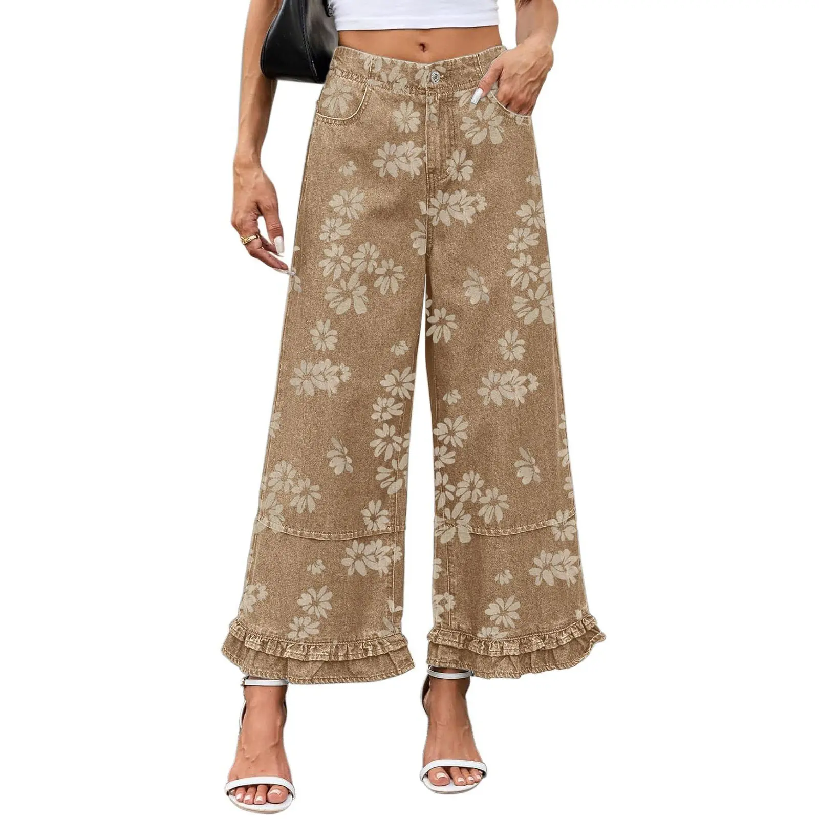 Chouyatou Women's Summer Printed Jeans Y2K Style Ruffled Hem Wide-Leg Denim Loose-Fit Floral Patchwork Cropped Jeans