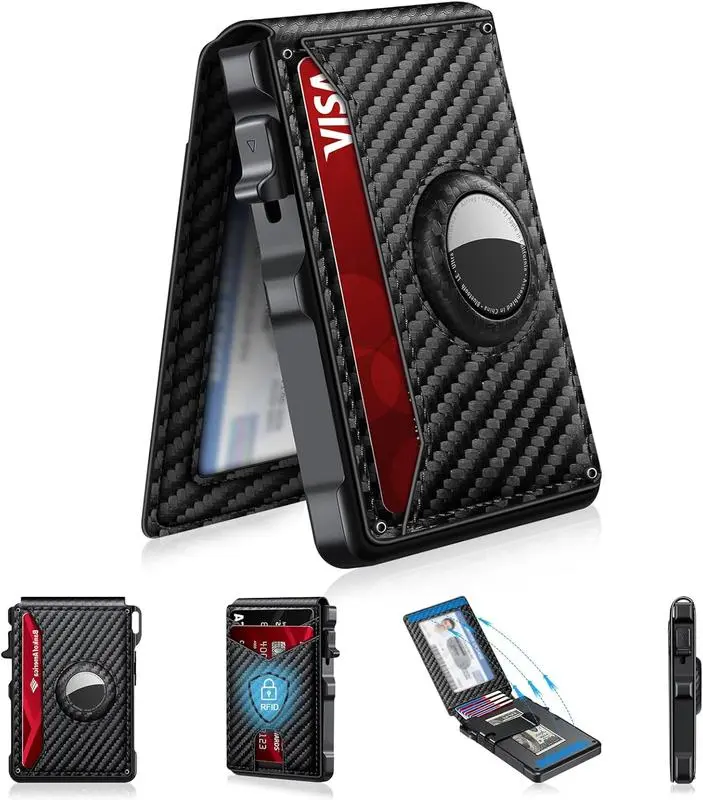 Men's Chic Minimalist Bifold Wallet - Carbon Fiber & PU Leather, AirTag Slot, RFID Blocking, Pop-Up Card Holder, 7-9 Card Capacity, Slide Pocket, Magnetic Clip (Max 5 Bills), All-Season Men's Accessory (AirTag Not Included)