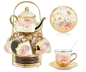 20 Pieces Porcelain Tea Set With Metal Holder, European Ceramic tea set,Flower Tea Set,Tea Set For Women With Flower Painting