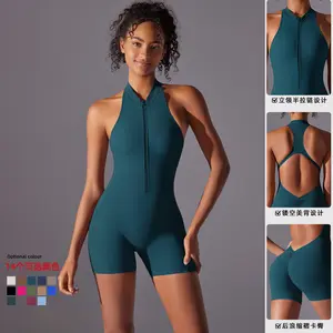 High-intensity sports beauty back yoga suit quick-drying pleated hip lift tight onesie zipper nude fitness onesie