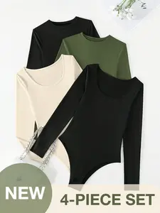 Essential Wardrobe Upgrade: 4-Pack of Stylish Long Sleeve Bodysuits for Women，Solid Crew Neck Bodysuit 4 Pack Casual Comfort