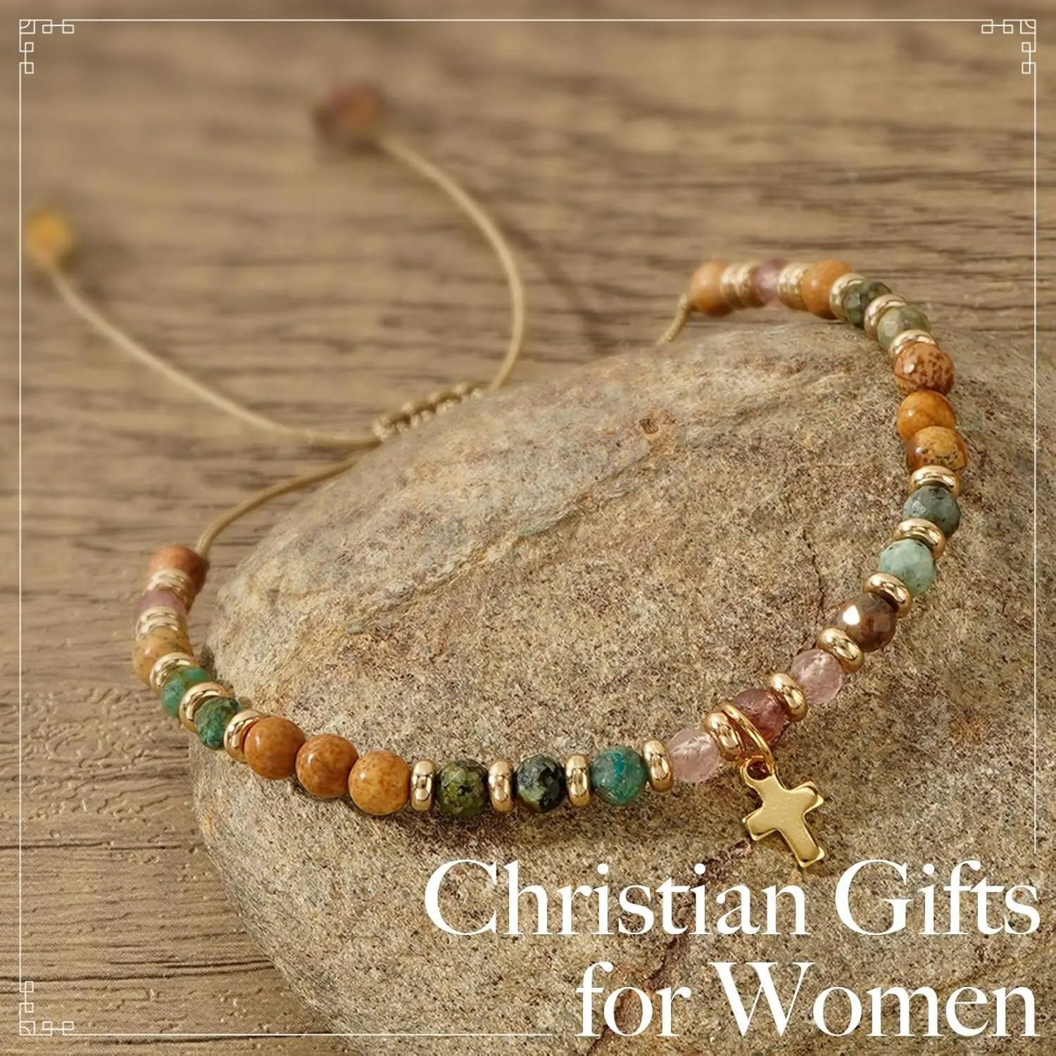 1/2PCS Cross Charm Bracelet, Christian Religious Cross Natural Stone Beaded Bracelet Adjustable Chain Inspirational Bracelet for Women Friend Prayer Communion Easter Catholic Jewelry Gifts