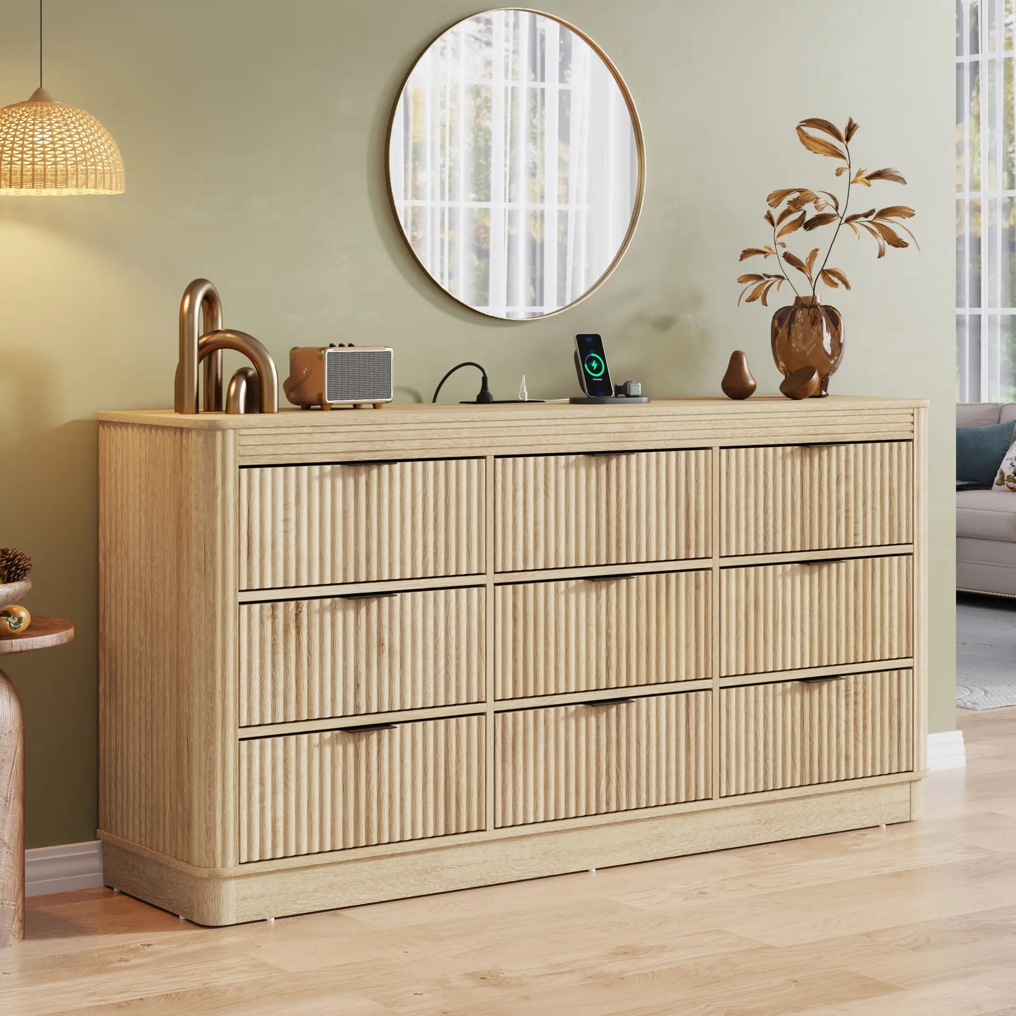 Curved Fluted Dresser for Bedroom with 9 Drawers，Modern Chest of Drawers with Power Outlets, 63" Wooden Dresser TV Stand Clothes Storage Organizer, Curved Anti-Collision Design, Metal Handle,Oak