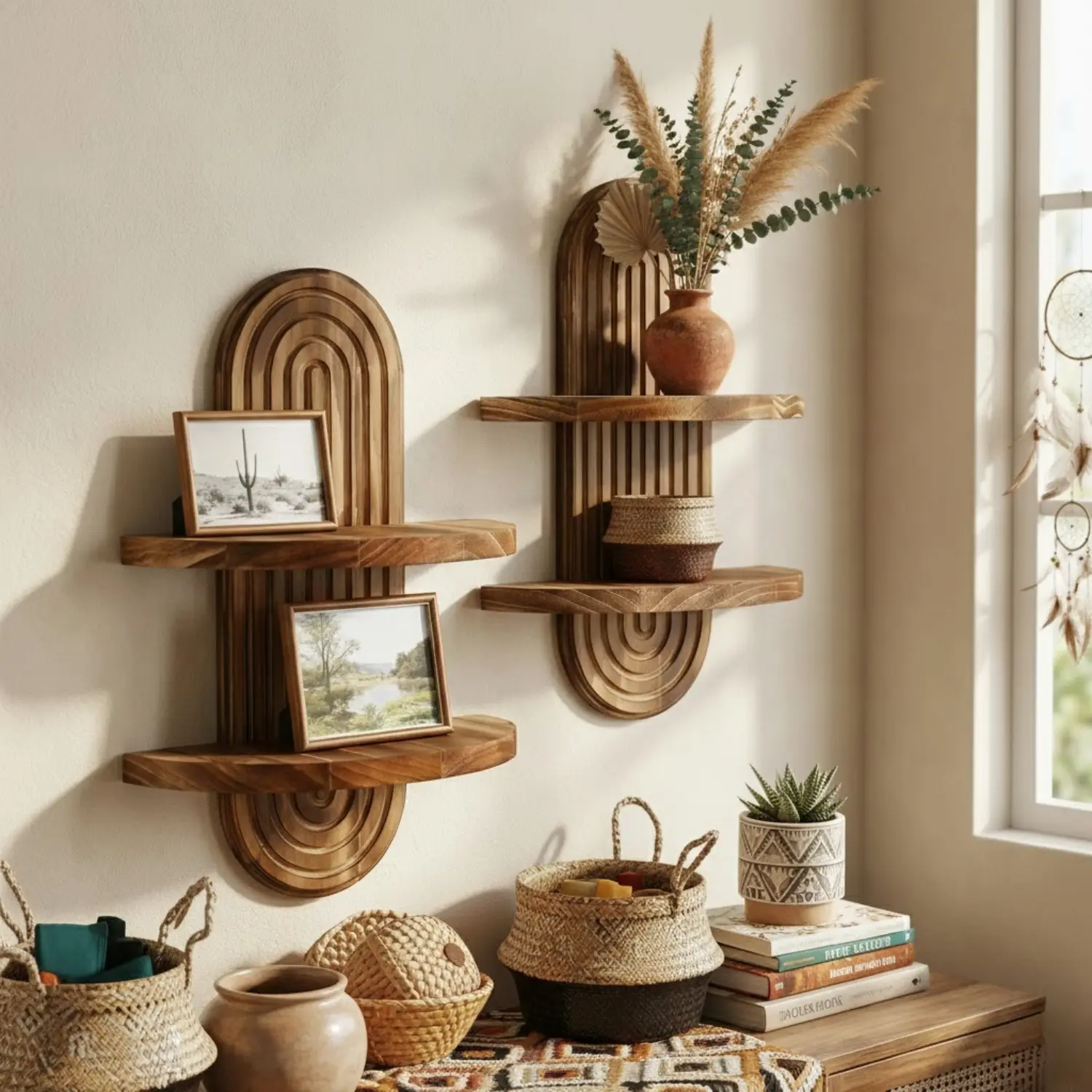 2-Tier Rustic Wooden Wall Mount Floating Shelf Unit - Corrosion-Resistant Geometric House Decor for Home Organization, Small Space Storage, Indoor Plant Display, Floating Shelves