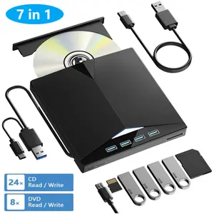 External CD/DVD Drive for Laptop, 7-in-1 External CD DVD Drive with 4 USB Ports, External DVD Burner with SD/TF Card Slots, Portable CD/DVD Reader, USB 3.0 & Type-C DVD Writer External CD DVD Optical Drive Compatible with Laptop, Windows, Linux, Mac OS
