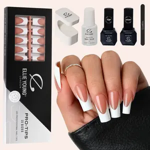 ELLIE YOUNG Pro-Tips Long Square White French Tips with Brown Base, 150pc Press-On Nails Kit – 15 Sizes, Matte Gel Acrylic Look, Soft Gel DIY Extensions, Nail Glue Extension