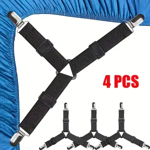 4 Piece Anti-Slip Triangle Blanket Holders, Adjustable Metal Clips Elastic Bands, Sofa Cushion Bedding Accessories, Reusable Invisible Safety Straps, Bed Sheet Grippers