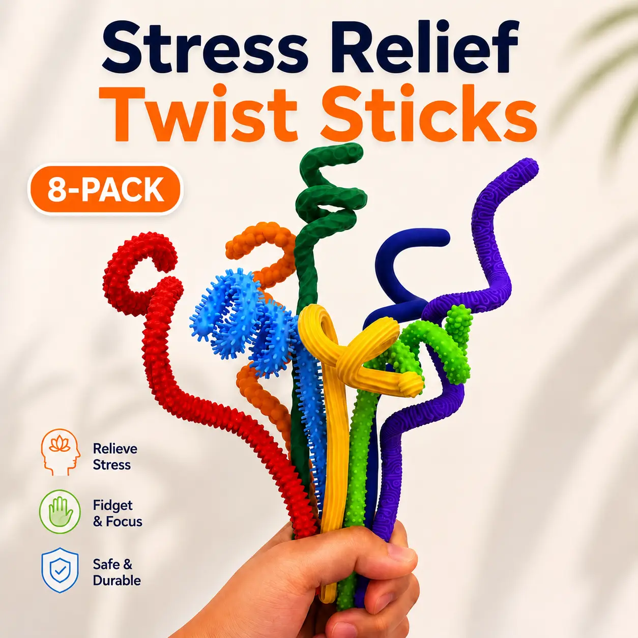 8-Pack Textured Stress Relief Sensory Sticks Fidget Tool, Science-Backed Calming Toy for Neurodivergent Kids to Boost Fine Motor Skills, Twist-Bend-Shape Desk Toy for Travel & Classroom Use, Back To School Haul, Soft Silicone