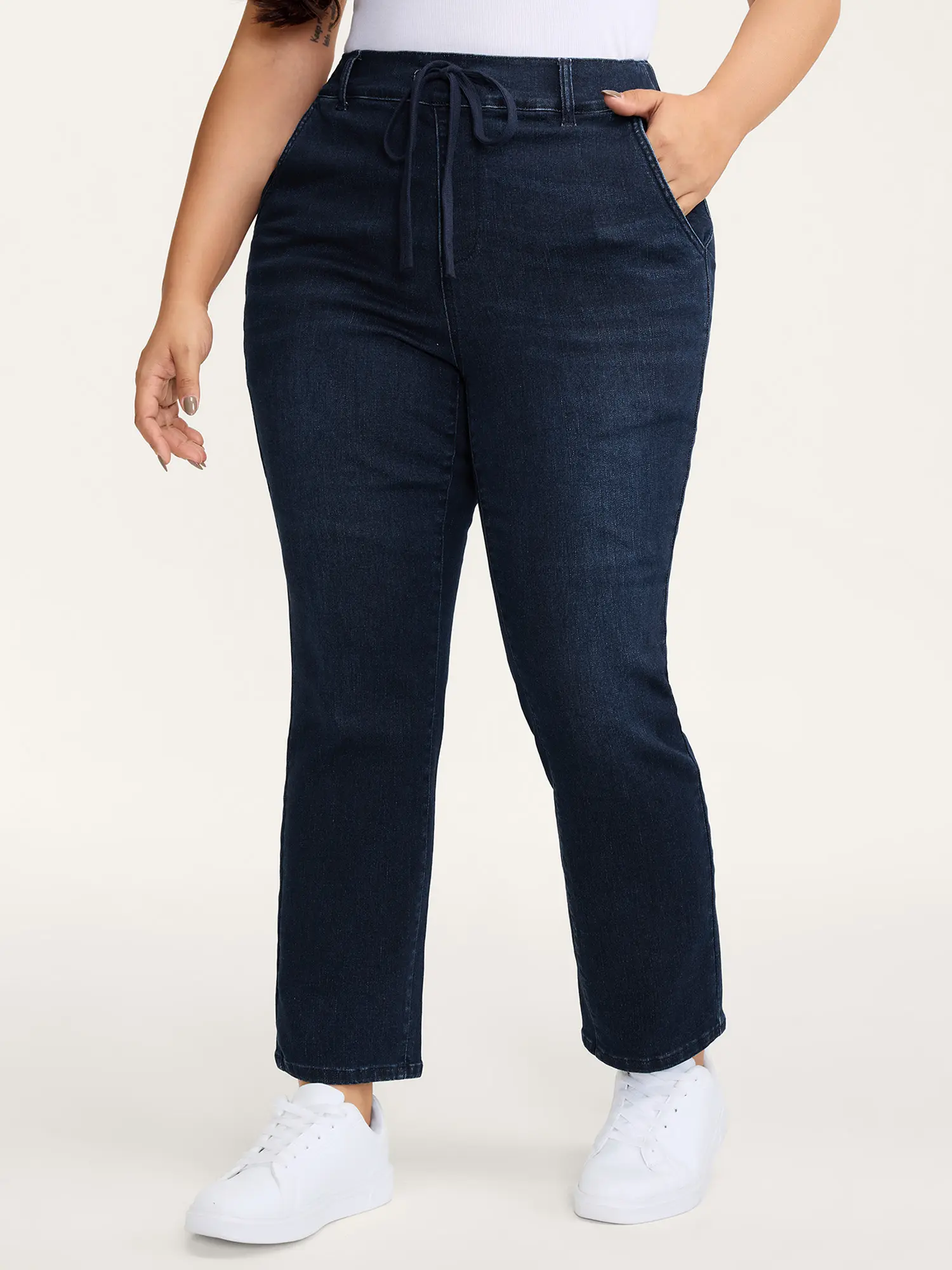 BLOOMCHIC Women's Plus Size High-Waisted Tummy Control Dark Wash Denim Pants - Garment, Basic Style, Lightweight Low Iron Supersoft Spandex Fabric, Elastic Drawstring Waistband, Straight Leg with Pocket, Casual Affordable Bottoms [M-6X] Summer Finds, Dark