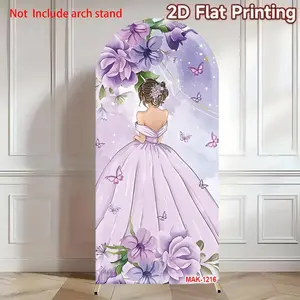 Mis Quince Girl 15th Birthday Arch Backdrop Cover Purple Butterfly Floral Flowers Princess Dress Party Decoration 2-Sided Elastic Background Birthday Celebration Photo Backdrops