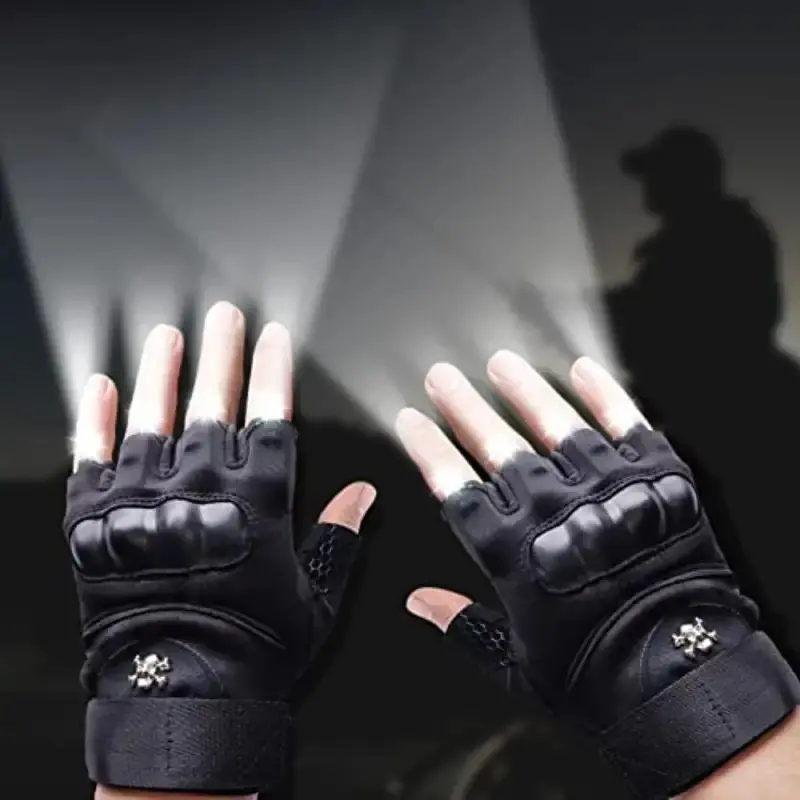 Unisex Fingerless Glowing LED Flashlight Gloves with 8 Bright LEDs, Cool Gadgets and Christmas Birthday Gifts, Funky Unique Accessories, Fingerless Gloves