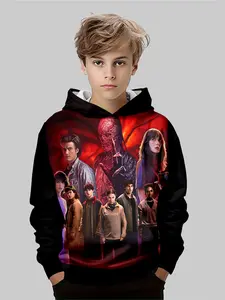 Stranger Things Dark Edition Hooded Zipper Sweatshirt, Boys' Spring & Fall Casual Fitted Pullover, Monster Print Soft Skin-Friendly Clothing Graphic Hoodie