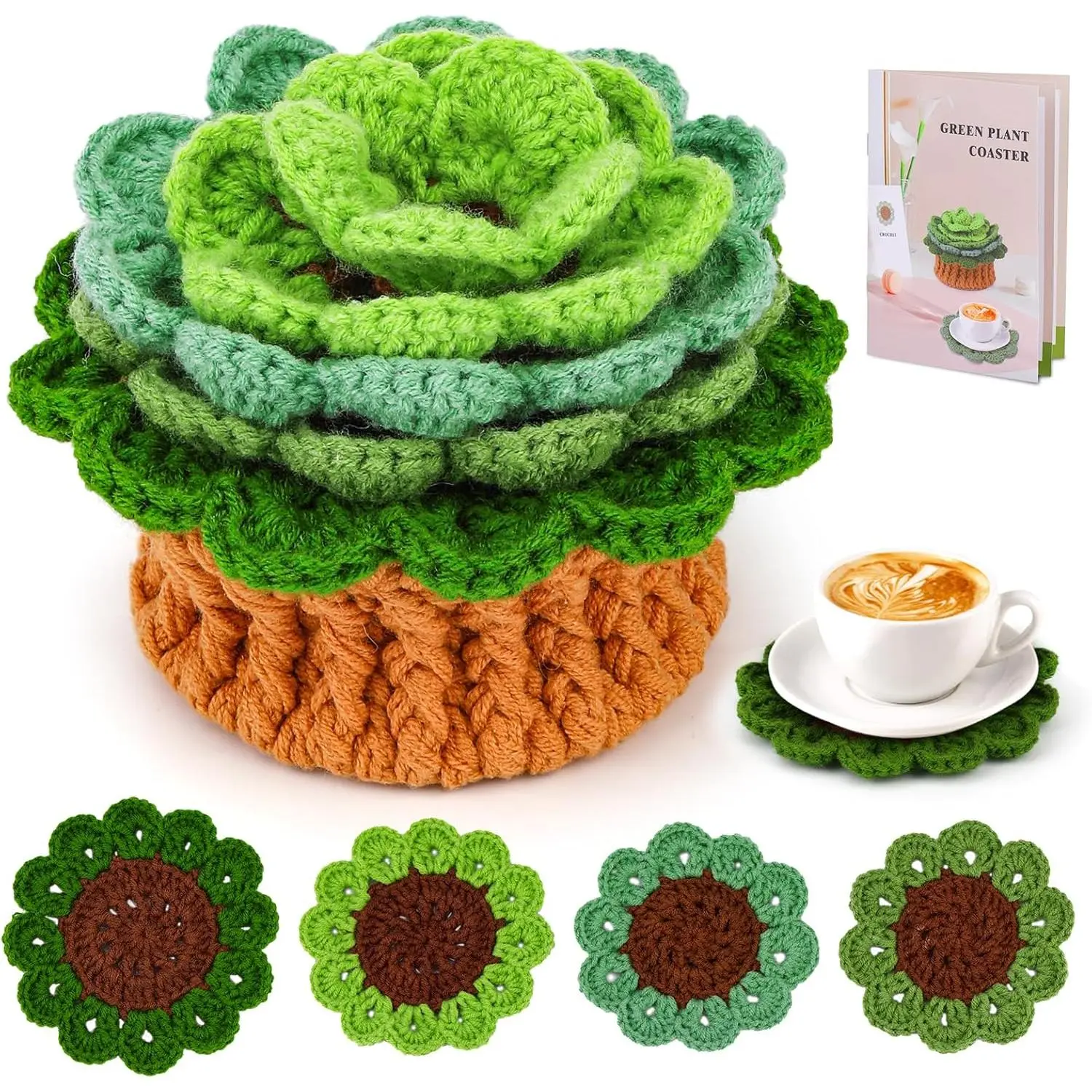 X-SMA09 Crochet Kit for Beginners, Crochet Start Kit Green Plant Coasters with Step-by-Step Video Tutorials, Easy-to-Learn Knitting with Hook and Yarn, Beginner-Friendly