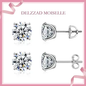 Delzzad S925 Solitaire Four Prong Earrings Butterfly/Screw Back D Color VVS Synthetic Moissanite Stud Earrings Daily Costume Jewelry Accessories Perfect for Any Occasion & Everyday Wear Birthday Anniversary Gift for Women