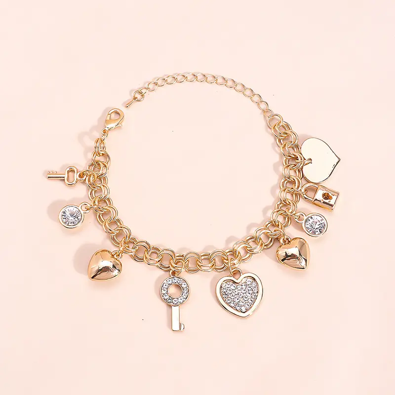 Gold Chain Link Bracelet | 14K Gold Plated Love Locked Bracelets for Women | Crystal+Love+Heart+Key+Lock Charm Bracelet
