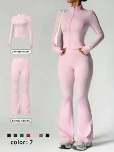 2 Piece Set Women's Loungewear Set Stand Collar Zip-Up Jacket & Wide Leg Flared Pants Comfortable High Stretch Slim Fit Suitable for Daily Outings Home Sports Travel Casual Fashion Coat Long Sleeve Pants Women's Pajama Set Outfit