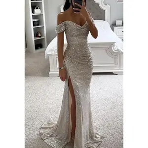 2025New Party Sequin Off-Shoulder Slit Dress
