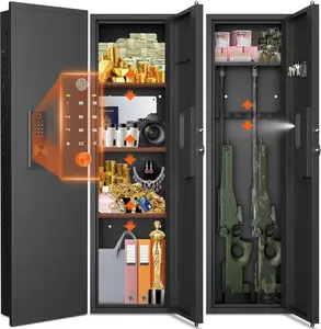 53" Tall Hidden Wall Safe with Fingerprint Lock - Fireproof & Waterproof, Dual Alarm System, 3 Adjustable Shelves, Magnetic Slot & Key Hooks - Modern Black Steel Construction