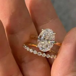 Infernofit Gold-Plated Oval-Cut 5A Grade Cubic Zirconia Engagement Ring Set 3pc, Warm Yellow Tone Bridal Jewelry, Fashion Engagement Rings, Festive & Party Gift, Cubic Zirconia Rings,Fashion Summervibes
