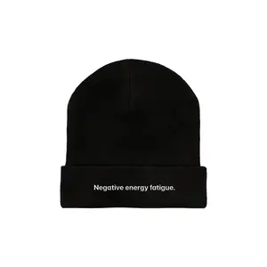 Negative Energy Fatigue Logo Beanie - Black Knit Hat with White Text for Comfort and Style