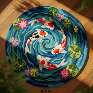 New Oriental Koi Fish Round Carpet, Artistic Home Decor Floral Area Rug, Multi-Size Floor Mat for Living Room Bedroom Dining Room, Holiday Gift Choice, Home Decorative Rug