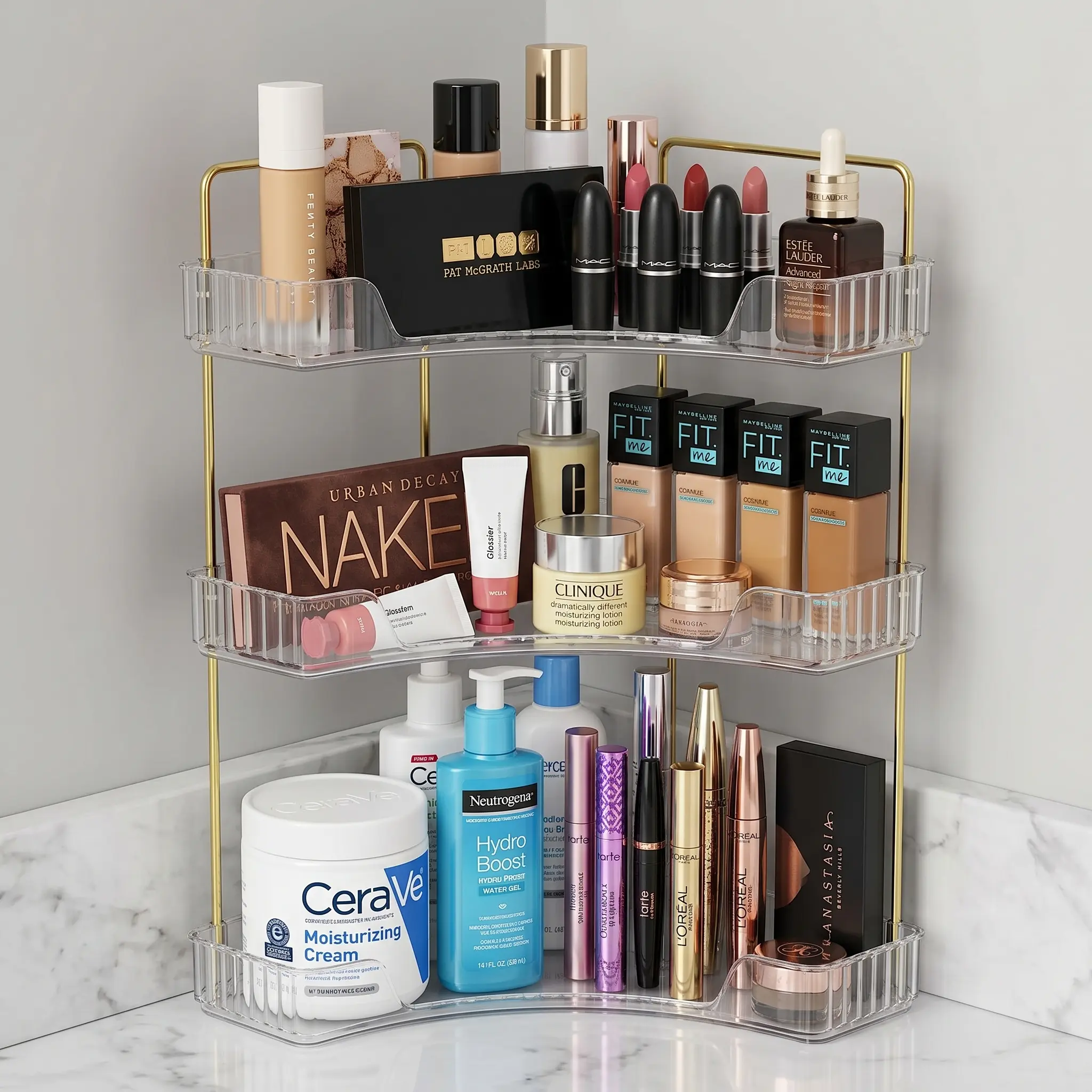 3-Tier Transparent Large-Capacity Corner Desktop Organizer Storage Rack, Space-Saving Home Organizer for Cosmetics, Skincare Products, Perfumes, Bathroom Counter & Kitchen Accessories