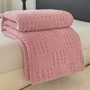 Pink Waffle Fleece Blanket, soft and cozy flannel blanket for sofa bed, warm and lightweight throw blanket, suitable for all seasons