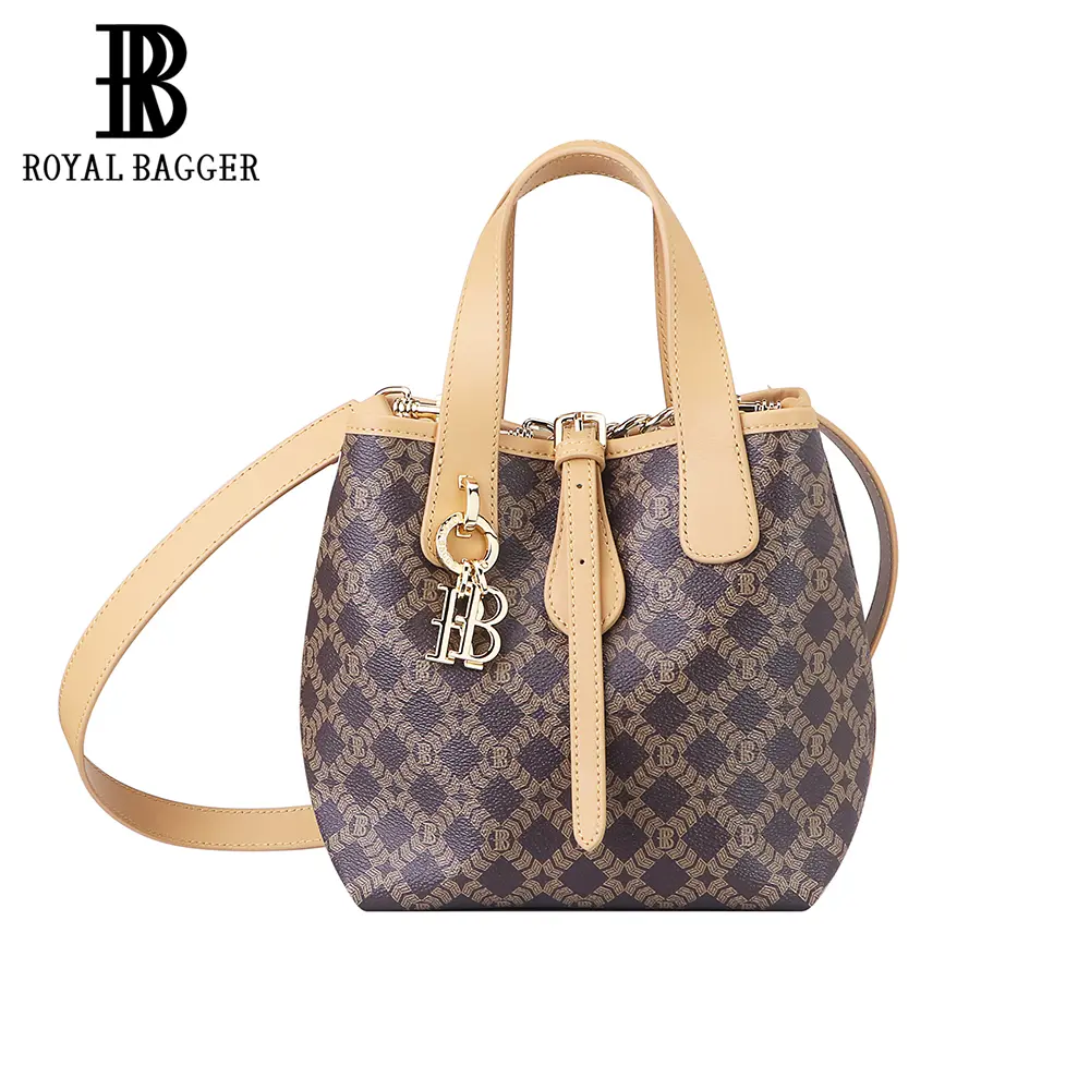 Royal Bagger Bucket Bag for Women, Retro Signature Canvas & Leather Convertible Basket Tote, Casual Everyday Hand Shoulder Bag, Everyday Bags