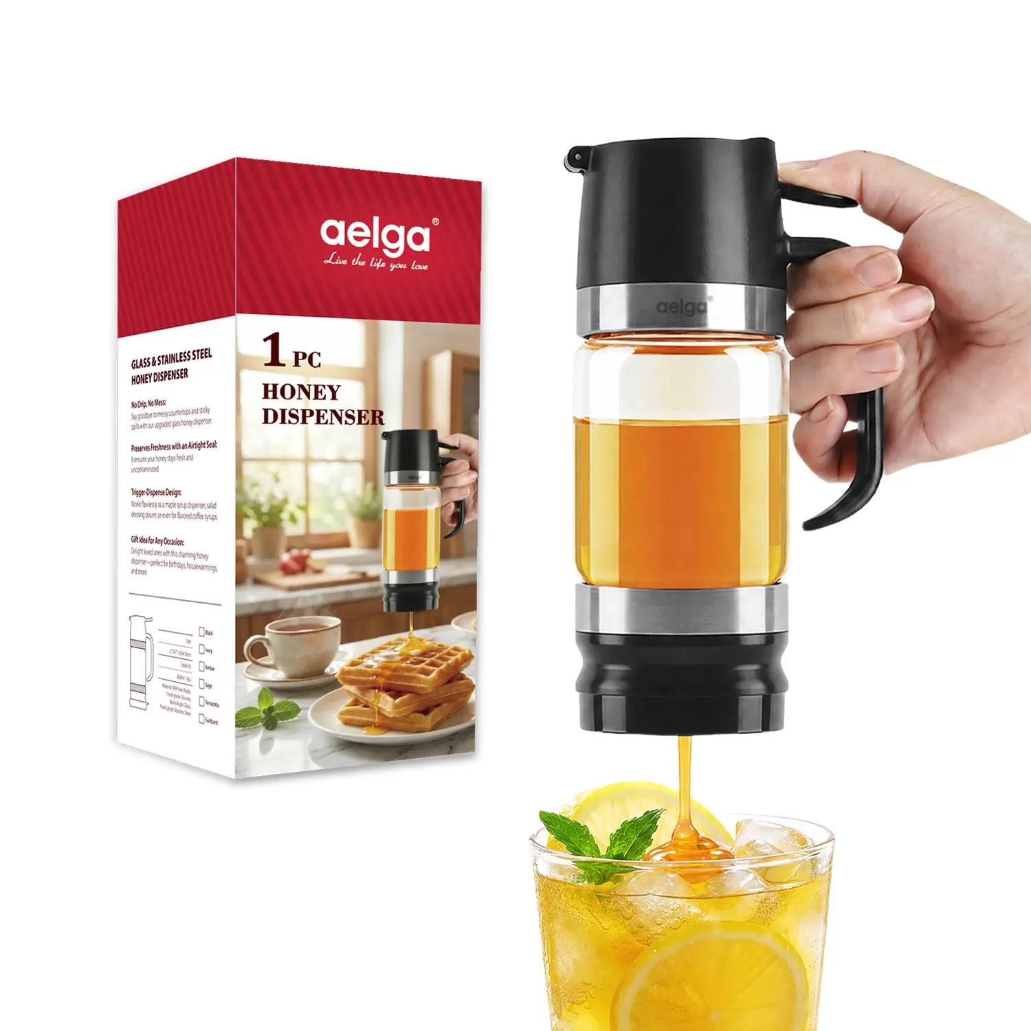 Aelga Glass Honey Dispenser kitchen items No Drip No Mess Leak-Free Design with Handle for Maple Syrup Maintains Freshness Easy to Clean Refill Perfect for Everyday Use